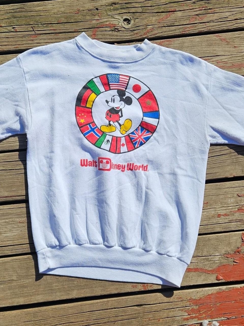 Vintage Disney White Mickey Mouse Sweatshirt with International Flag Graphic